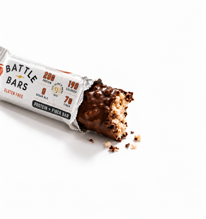 Opened Battle Bars protein bar with a bite taken